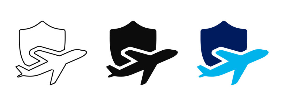 Airplane and shield icons in black, white, and blue