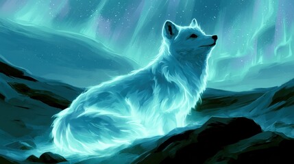 Obraz premium Arctic fox shines as a glowing white form in frozen tundra with aurora lights above, creating a vivid scene of wildlife in the arctic.