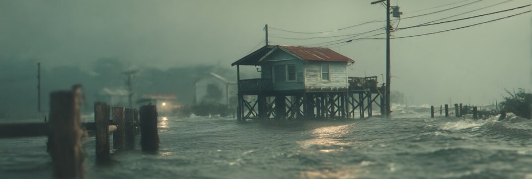 A stilt house stands amid floodwaters under a gloomy sky, highlighting severe flooding and storm impact on coastal or riverside homes.