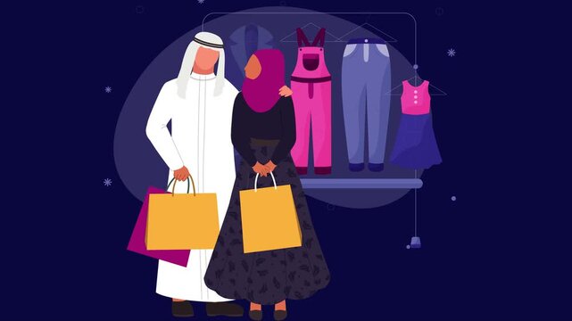 Middle Eastern Luxury Retail Curation and Traditional Boutique Couple Shopping Animation: Arab Man and Hijabi Woman with Bags by Clothing Rack, Navy Background, Seamless Loop.