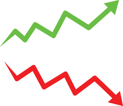Green upward trend arrow and red downward trend arrow for financial business growth and loss chart