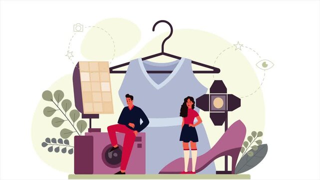 Commercial Fashion Photography Studio Production and Apparel E-commerce Curation Animation: People with Professional Camera, Spotlight, Dress, and High Heel, White Background, Seamless Loop.