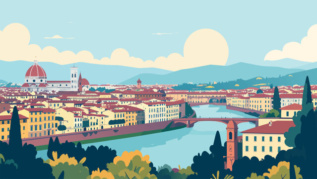 Florence Cityscape Vector Postcard with Arno River, Bridges, Duomo Cathedral and Sunny Tuscan Skyline