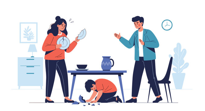 Angry parents scolding their scared young son hiding under the table after breaking a porcelain plate in the room.