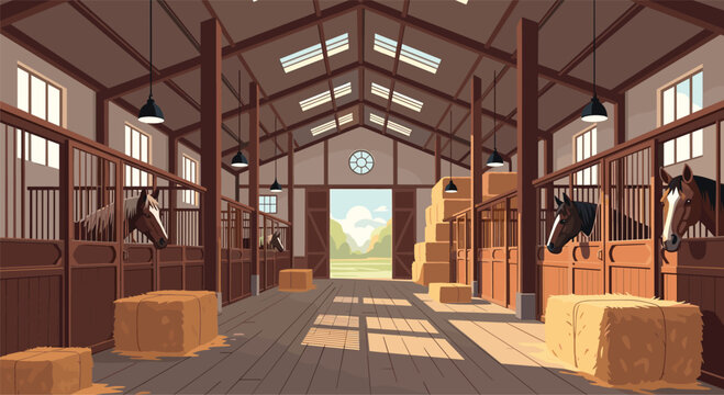 Warm interior of countryside horse stable barn with horses in wooden stalls, hay bales, and soft afternoon sunlight.