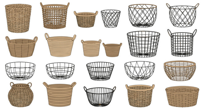 Comprehensive collection of various empty wicker, rustic woven wood, and metal wire storage baskets on white background.