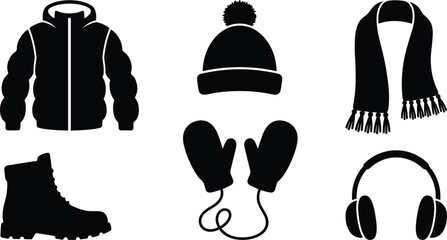Winter clothing and warm seasonal apparel icons set featuring black silhouettes of puffer jacket beanie hat scarf boots mittens and earmuffs vector isolated on white © Rakib