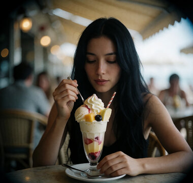 h&uuml;bsche Frau im Eiscafe 4