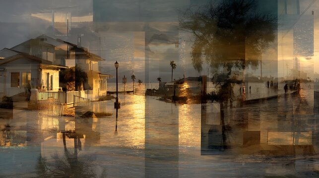 A layered, abstract digital collage blending a waterfront sunset, houses, trees, and street lamps, creating a moody, reflective urban and natural scene.