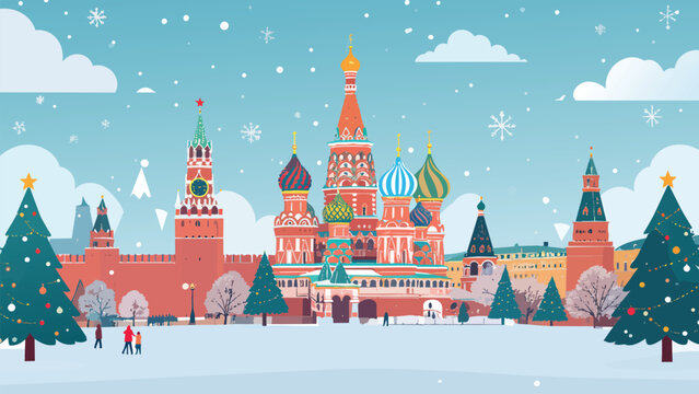 Moscow Winter Vector Illustration with Saint Basil&rsquo;s Cathedral, Kremlin Towers, Snowy Red Square and Christmas Trees