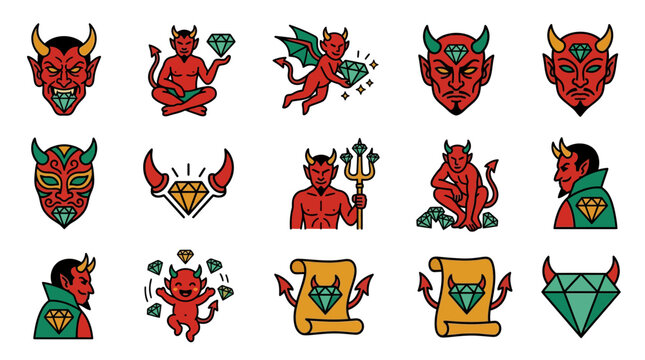 Set of red devil and demon cartoon character icons.