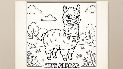 Obraz premium Cute Alpaca Coloring Page with Landscape llama animal