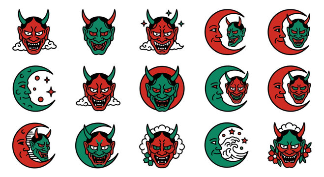 Japanese hannya mask and crescent moon tattoo flash set