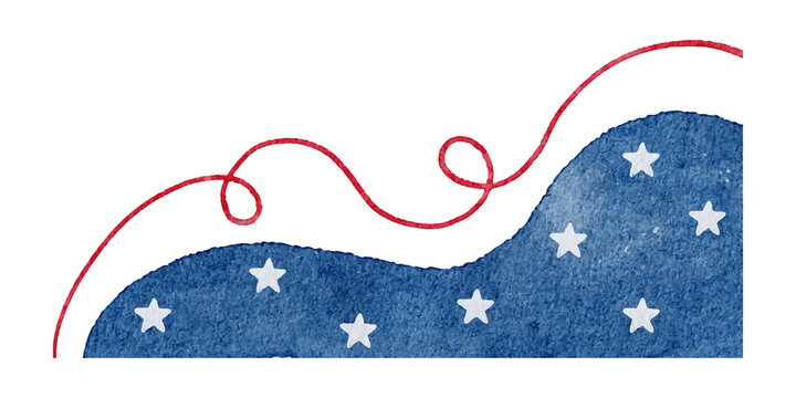 Watercolor patriotic blue wave with white stars and red swirl line isolated on transparent background
