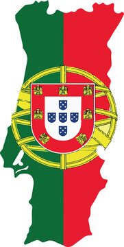 Portugal Map Vector Illustration with National Flag, Coat of Arms and Iberian Peninsula Silhouette on White Background