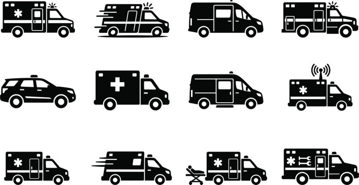 Black Silhouette Ambulance and Emergency Medical Service Vehicle Style Collection Icons Set for Healthcare Transport Design