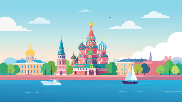 Moscow Cityscape Vector Illustration with Saint Basil&rsquo;s Cathedral, Kremlin Towers, River Boats and Sunny Pastel Skyline