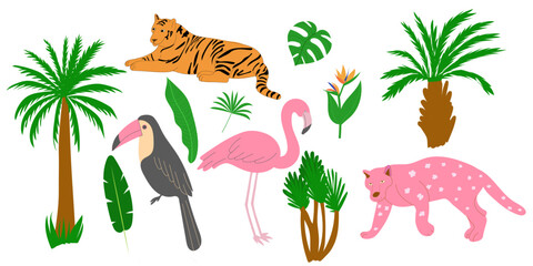 Fototapeta premium Tropical elements. Wild animals, exotic plants, palm, tiger, leopand, parrot, monstera leaves, flowers. Cartoon doodle jungle stickers in retro style 