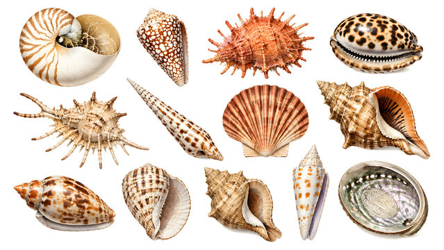 Beautiful realistic illustration collection of various seashells including a nautilus, scallop, cowrie, conch, and abalone isolated on a white background