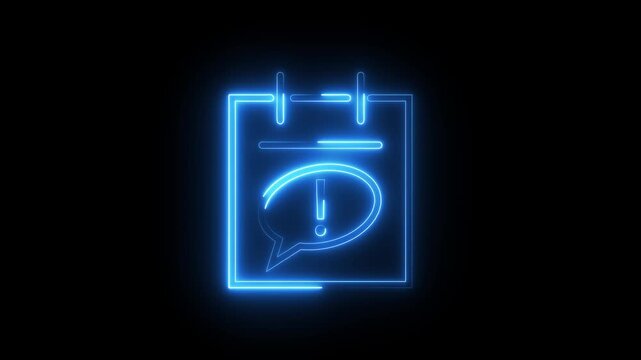 Neon blue light calendar page icon with notification bubble and exclamation symbol.