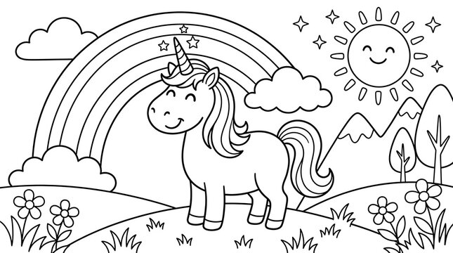 Cute unicorn with rainbow and smiling sun coloring page