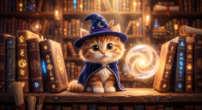 Cute wizard cat wearing magic hat conjuring glowing spell in ancient library