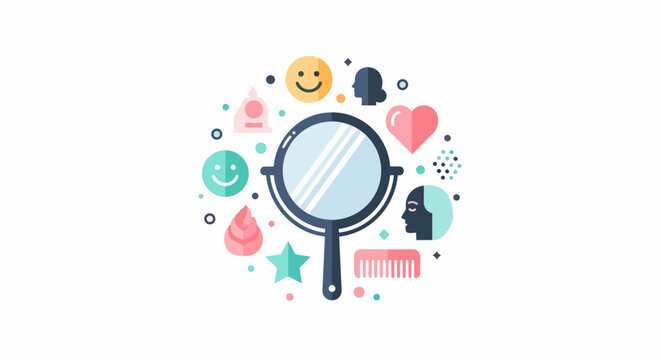 Self-Reflection and Mental Health Concept Illustration with Hand Mirror, Smileys, and Beauty Icons on White Background