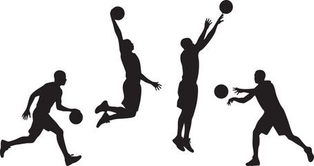 Basketball Player Silhouette Set Isolated on White Background – Dribbling, Dunking, Shooting and Passing Vector Style © MirazHossain