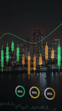 Financial data visualization featuring green and orange candlestick charts over a dark city riverfront and illuminated skyline.
