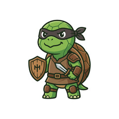 Obraz premium A cute green turtle warrior stands ready with sword and shield