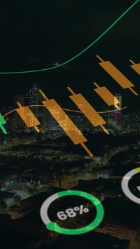 Financial candlestick charts overlaid on a panoramic city skyline at night, representing urban market growth and trading analytics.