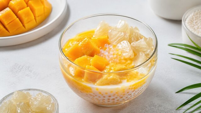 Fruchtiges Mango Pomelo Sago mit reifer Mango, Pomelo und Tapiokaperlen in cremiger Kokosmilch. Erfrischende chinesische Nachspeise im Glas auf hellem Hintergrund.