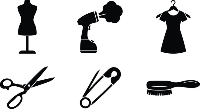 Tailor atelier and garment care icons set featuring black silhouettes of mannequin clothes steamer dress scissors safety pin and brush vector isolated on white