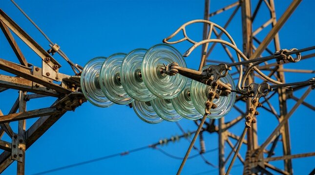 Close Up of Glass Disc Insulators on High Voltage Power Tower Against Blue Sky