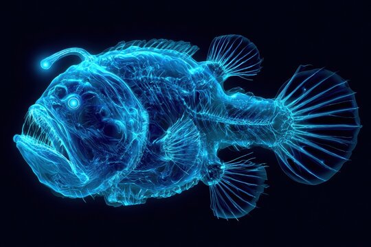 Two anglerfish show a bioluminescent merging as they fuse together in dark navy waters, representing a scientific phenomenon of parasitism.