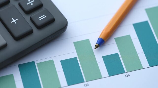 A financial bar chart with a calculator and an orange pen, highlighting business growth, analysis, and quarterly financial planning. Close up.