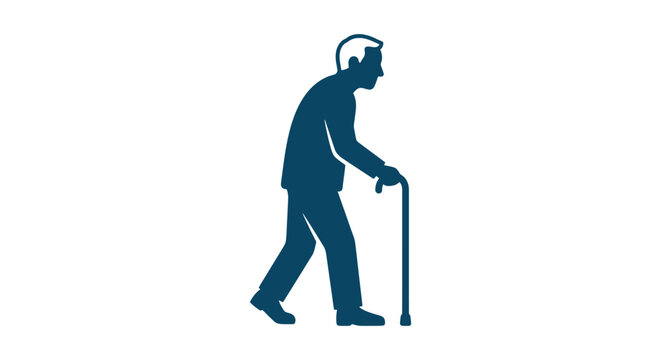 Elderly man with walking cane silhouette on a white background