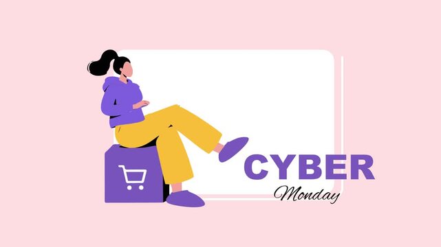 Playful cartoon of a person using a laptop amid a Cyber Monday shopping scene with bold purple and yellow accents.