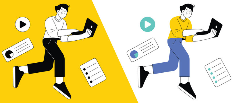 Man running with laptop and business icons illustration