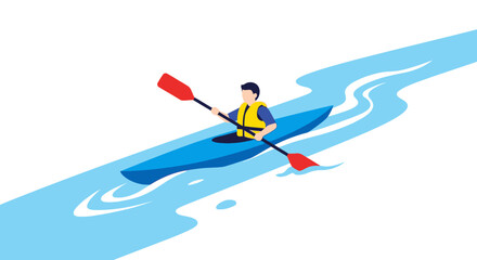Fototapeta premium Man kayaking on a blue river, wearing a life jacket, summer recreation