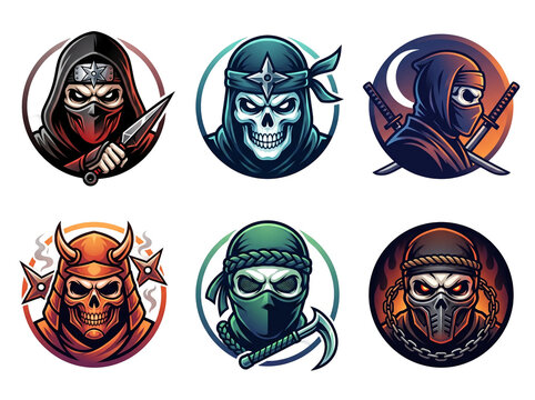 Collection of stylized skull warrior mascots featuring ninjas samurai and hooded assassins with sharp weapons rendered in vibrant digital art style and sharp outlines presented as isolated icons on tr