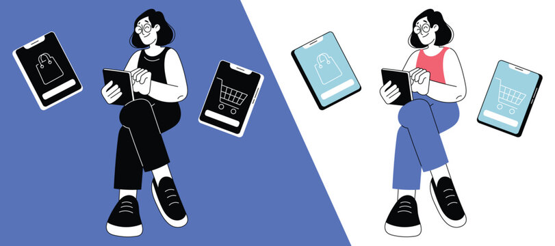 Woman Shopping Online with Mobile Devices Illustration