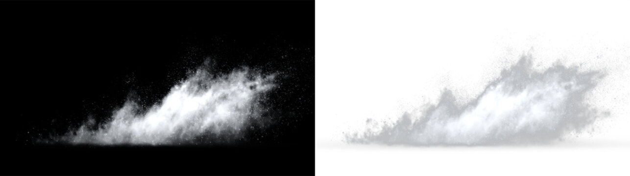 White dust particle sprite impact effect with misty edges isolated on transparent and black background, used for creative designs and digital art, PNG with a light overlay