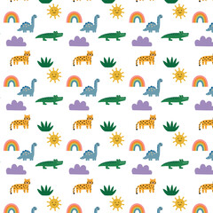 Cute seamless pattern featuring smiling suns, rainbows, dinosaurs, crocodiles, wild cats, clouds, and tropical plants in a playful flat cartoon style  © Svutlana
