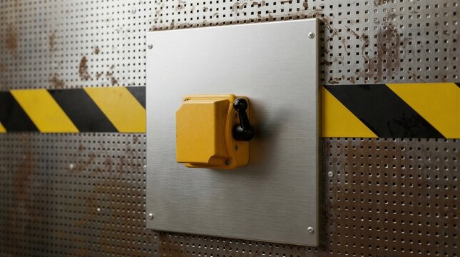 Industrial Yellow Isolator Switch on Stainless Steel Plate with Hazard Stripes Background