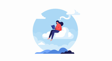 Obraz premium Woman Sitting on a Cloud Reading a Book Illustration - Imagination and Education Concept Vector