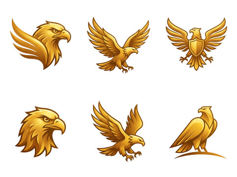 Multiple golden eagle icons featuring various majestic poses including soaring wings and sharp head profiles crafted with a professional metallic texture design style presented as a collection on tran