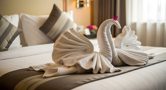 Two white towel swans forming a heart shape on a hotel bed. Romantic honeymoon room decoration with folded towels