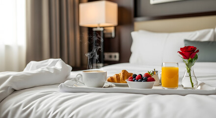 Fototapeta premium Breakfast tray on a white bed in a hotel room. Morning meal with steaming coffee, croissant, fresh berries, orange juice, and a red rose. Luxury room service and romantic getaway concept