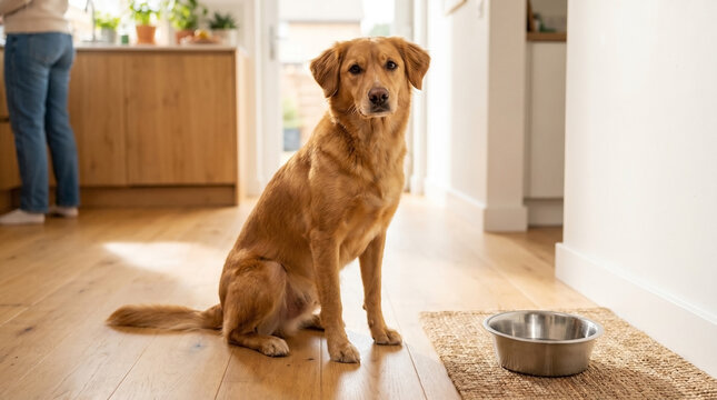 Golden retriever waiting for dinner with empty bowl nearby in cozy kitchen. Dog sits patiently in home environment, eager for meal preparation, emphasizing bond between pets and owners.